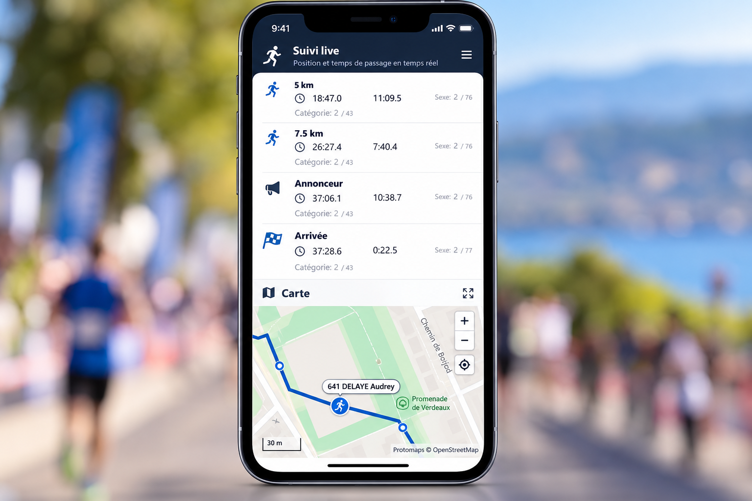 Carte présentant le suivi des coureurs sur le parcours